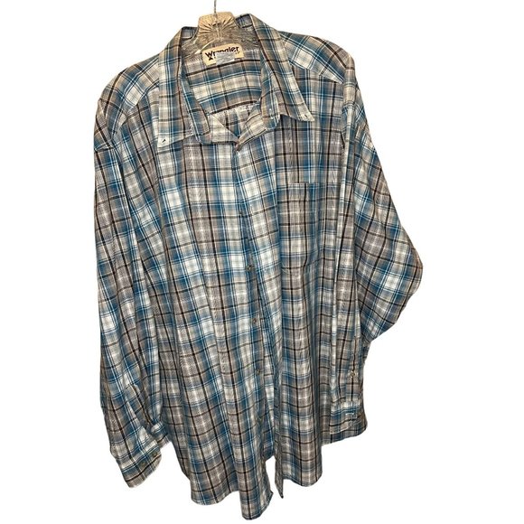 WRANGLER RUGGED WEAR Men's Dress Shirt Size 4XL Big and Tall Blue Checkered Long - Picture 1 of 4